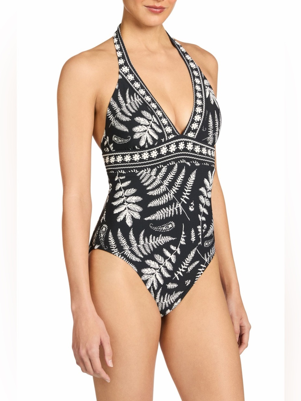 Robin Piccone Hailey Halter One Piece Swimsuit Women’s Size 6 Black Ecru NWOT - Picture 3 of 6